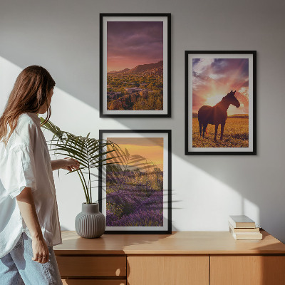 Set di 3 quadri Paesaggio montano con un cavallo