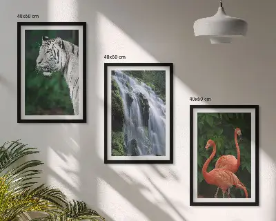 Set di 3 quadri con stampa di cascata della tigre e fenicotteri tra la natura