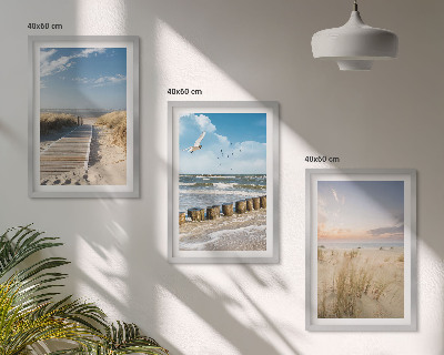 Set di quadri incorniciati Spiaggia, sabbia, onde, cielo, uccelli