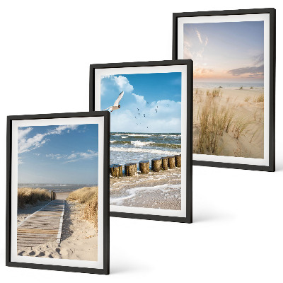 Set di quadri incorniciati Spiaggia, sabbia, onde, cielo, uccelli