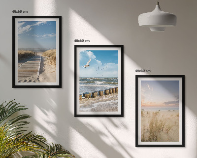 Set di quadri incorniciati Spiaggia, sabbia, onde, cielo, uccelli