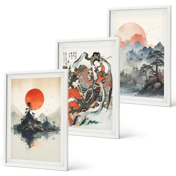 Set di 3 quadri con dipinti giapponesi asiatici
