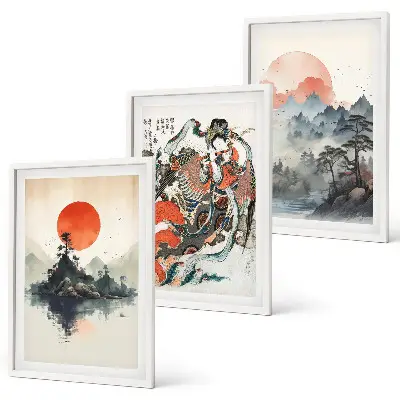Set di 3 quadri con dipinti giapponesi asiatici