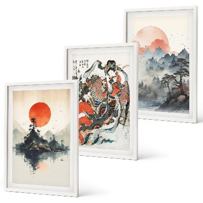 Set di 3 quadri dipinti giapponesi asiatici
