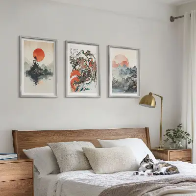Set di 3 quadri con dipinti giapponesi asiatici