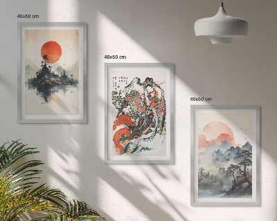 Set di 3 quadri dipinti giapponesi asiatici