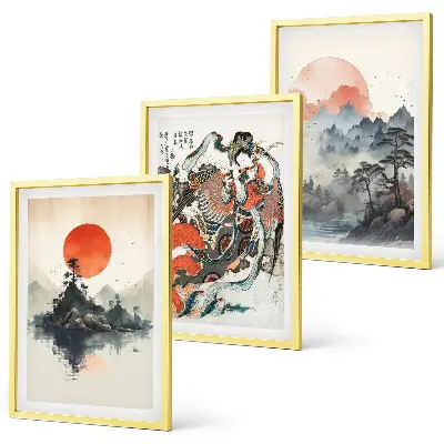 Set di 3 quadri con dipinti giapponesi asiatici