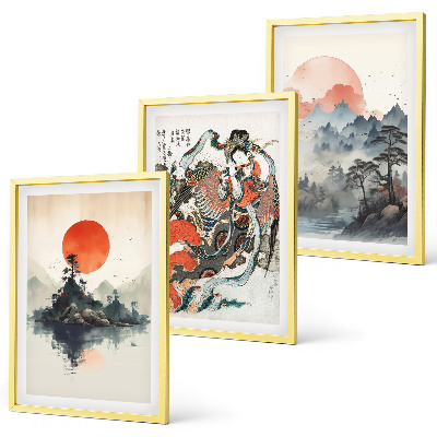 Set di 3 quadri dipinti giapponesi asiatici