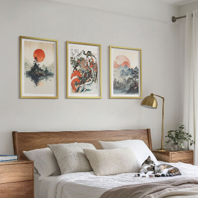 Set di 3 quadri dipinti giapponesi asiatici