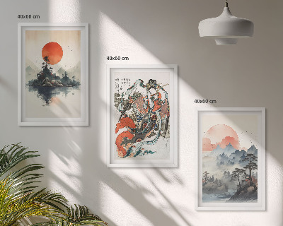 Set di 3 quadri dipinti giapponesi asiatici