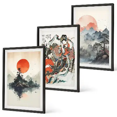 Set di 3 quadri con dipinti giapponesi asiatici