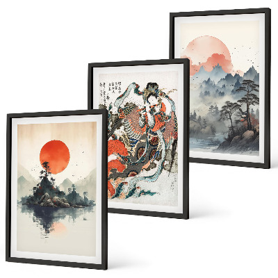 Set di 3 quadri dipinti giapponesi asiatici