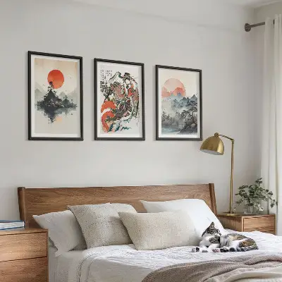 Set di 3 quadri con dipinti giapponesi asiatici