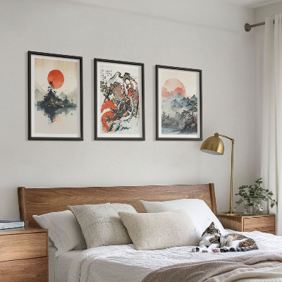 Set di 3 quadri dipinti giapponesi asiatici