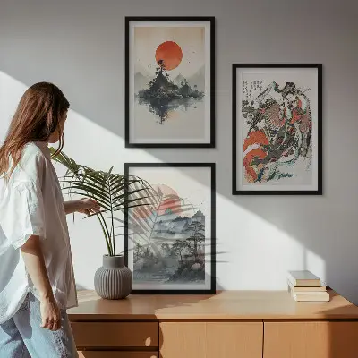 Set di 3 quadri con dipinti giapponesi asiatici