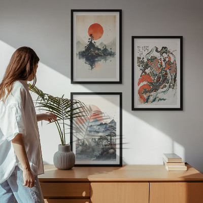 Set di 3 quadri dipinti giapponesi asiatici