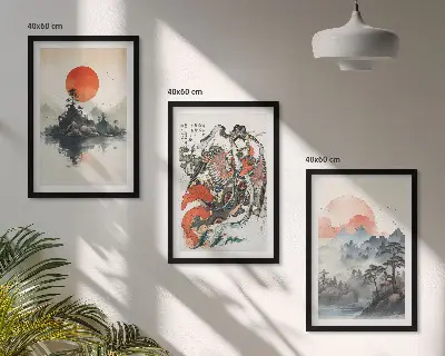 Set di 3 quadri con dipinti giapponesi asiatici