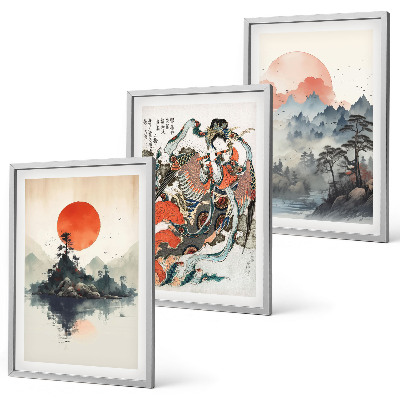 Set di 3 quadri dipinti giapponesi asiatici