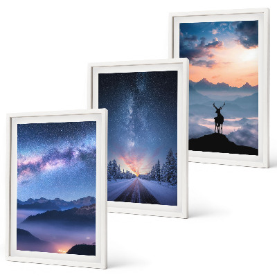 Set di 3 quadri cielo notturno montagne nebbia cervo