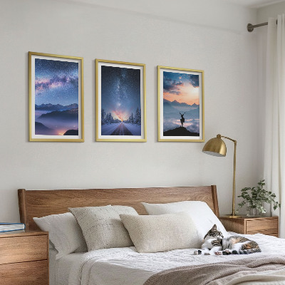 Set di 3 quadri cielo notturno montagne nebbia cervo