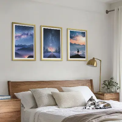 Set di 3 quadri con cielo notturno, montagne, nebbia e cervo