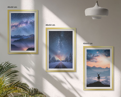 Set di 3 quadri cielo notturno montagne nebbia cervo