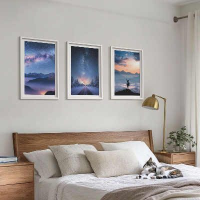 Set di 3 quadri cielo notturno montagne nebbia cervo