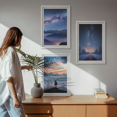 Set di 3 quadri cielo notturno montagne nebbia cervo