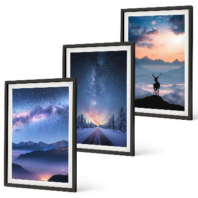 Set di 3 quadri cielo notturno montagne nebbia cervo