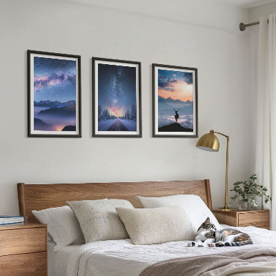 Set di 3 quadri cielo notturno montagne nebbia cervo
