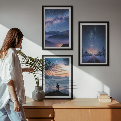 Set di 3 quadri cielo notturno montagne nebbia cervo