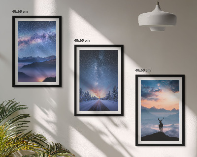 Set di 3 quadri cielo notturno montagne nebbia cervo
