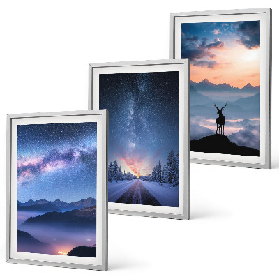 Set di 3 quadri cielo notturno montagne nebbia cervo