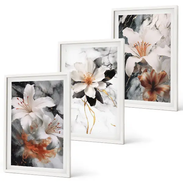 Composizione di quadri fiori su sfondo marmo bianco e nero