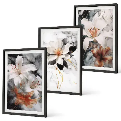 Composizione di quadri fiori su sfondo marmo bianco e nero