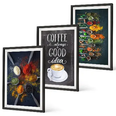 Set di 3 quadri con motivi di spezie, caffè ed erbe aromatiche