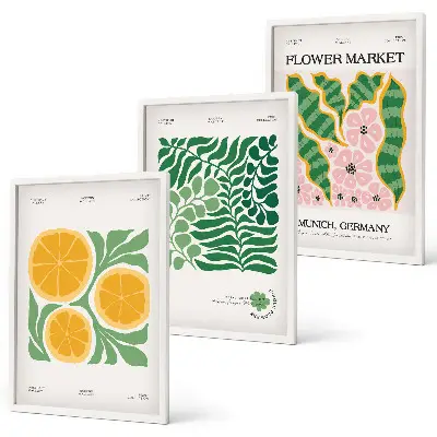 Set di quadri incorniciati con motivi di frutta e piante dai colori pastello
