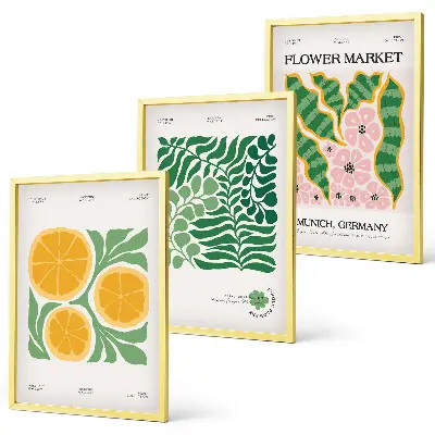 Set di quadri incorniciati con motivi di frutta e piante dai colori pastello