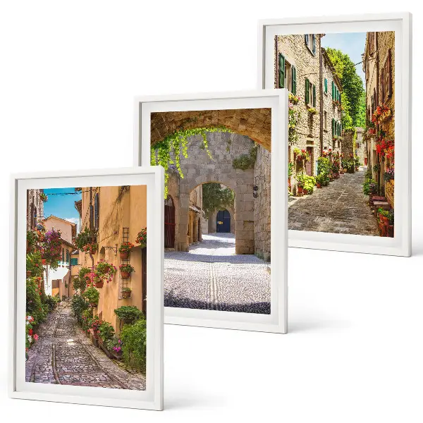 Set di 3 quadri con soggetti di strade italiane, fiori e architettura