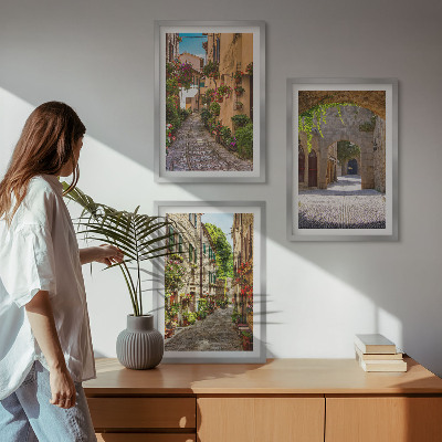 Set di 3 quadri strade italiane fiori architettura