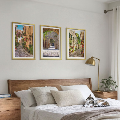 Set di 3 quadri strade italiane fiori architettura