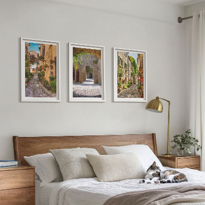 Set di 3 quadri strade italiane fiori architettura