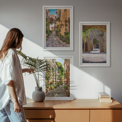 Set di 3 quadri strade italiane fiori architettura
