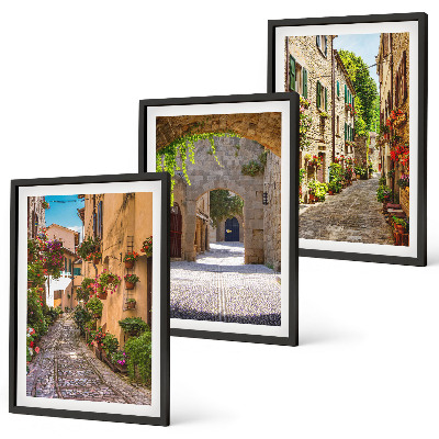 Set di 3 quadri strade italiane fiori architettura