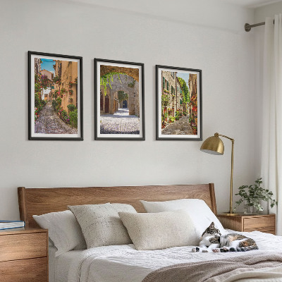 Set di 3 quadri strade italiane fiori architettura