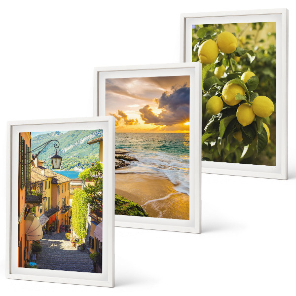 Set di 3 quadri Strade, mare, spiaggia, alberi di agrumi
