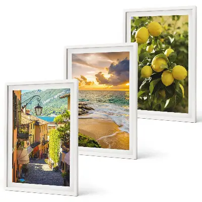 Set di 3 quadri con strade, mare, spiaggia e alberi di agrumi