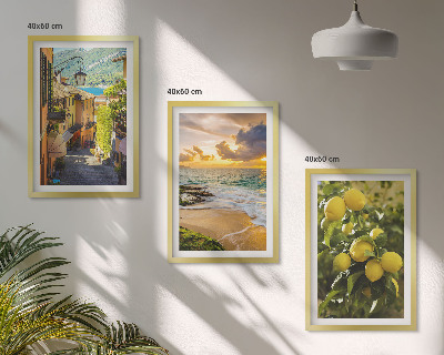 Set di 3 quadri Strade, mare, spiaggia, alberi di agrumi
