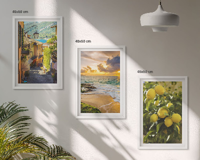 Set di 3 quadri Strade, mare, spiaggia, alberi di agrumi