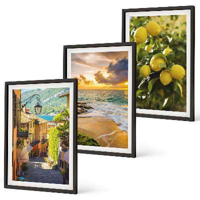 Set di 3 quadri Strade, mare, spiaggia, alberi di agrumi